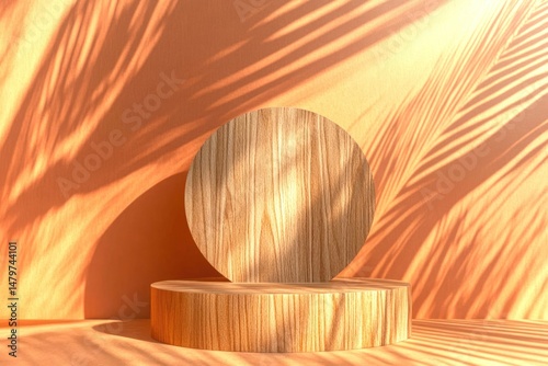 Wood podium and palm branch with shadows on a wall. Concept scene stage showcase for new product, promotion sale, banner