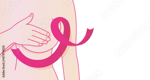 Breast Self-Exams line icon. Breast health. Breast cancer. Pink ribbon. Silhouette icon. Timely breast examination. Health care. National Breast Cancer Awareness. Health-care poster or banner template