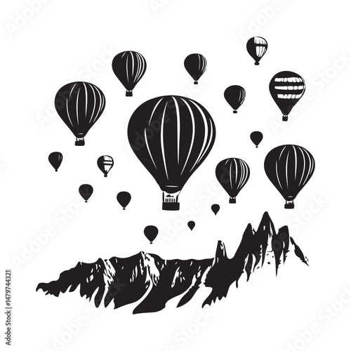 Hot Air Balloons Over Cappadocia Rocks Landscape Silhouette Vector.