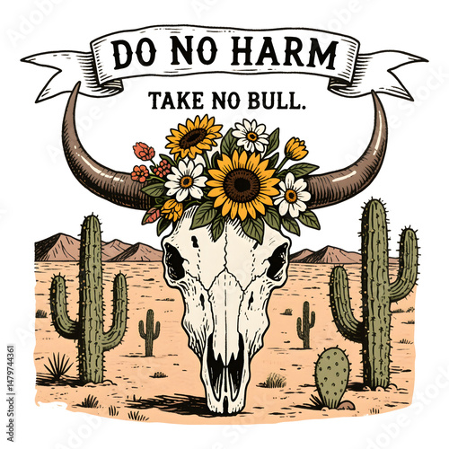 Bull Skull with Floral Crown on Transparent Background photo