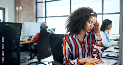 Computer, headache and stress with woman in call center for assistance, feedback or problem solving. Burnout, contact us and frustration with employee in workplace for customer service or support