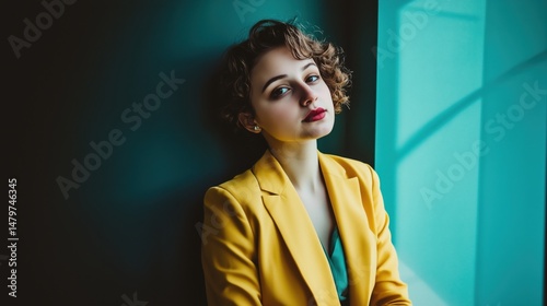 Stylish Young Woman in Yellow Blazer Against Teal Background