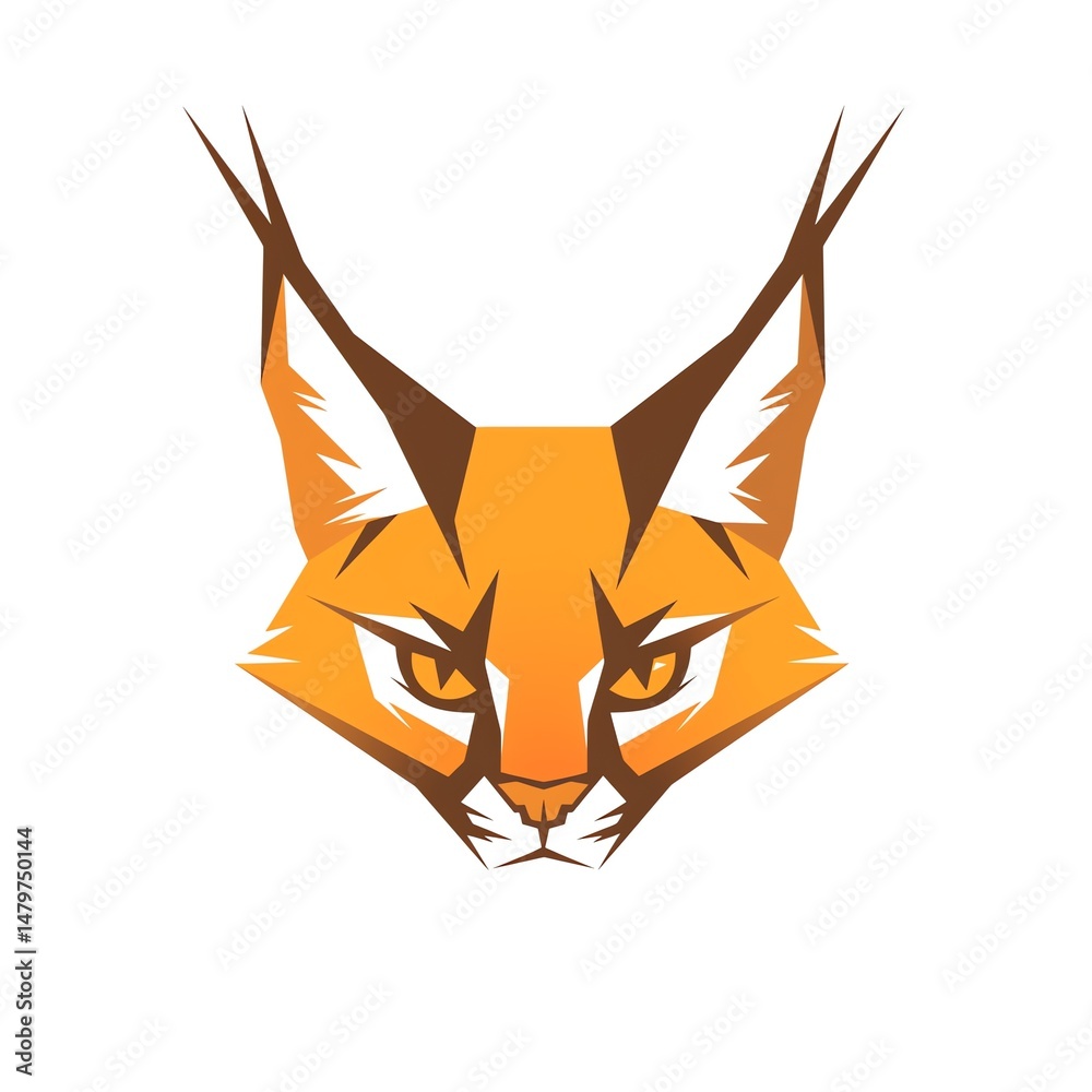 Obraz premium Geometric Caracal Head A stylized feline portrait in orange and brown hues, set against a stark white background. Intense gaze.