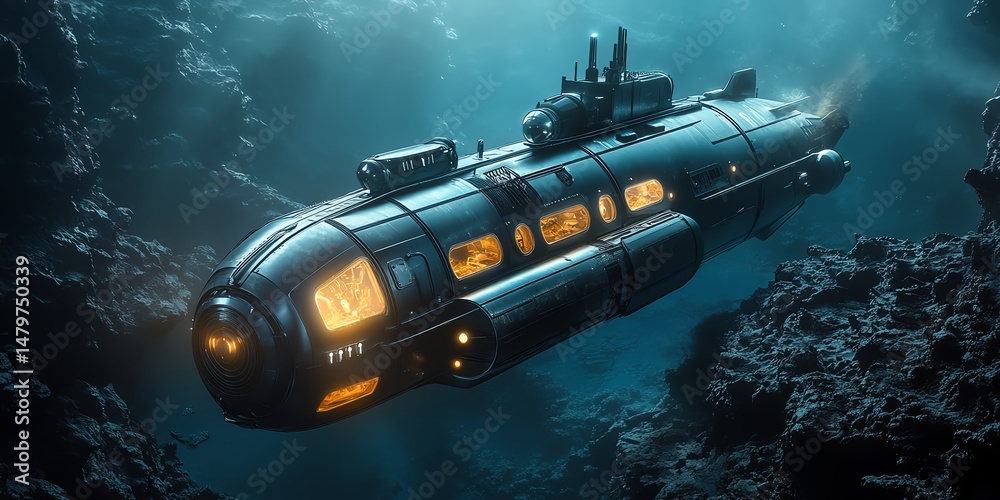 Obraz premium Futuristic submarine exploring deep ocean. Illuminated vessel navigating underwater cave. Dramatic lighting, vibrant colors.