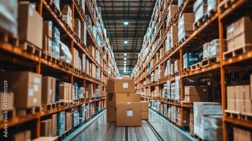 Warehouse interior, high shelving, filled with cardboard boxes. Aisle with conveyor system Warehouse interior, high shelving, filled with cardboard boxes. Aisle with conveyor system