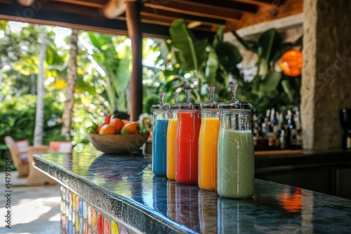 Vibrant fruit drinks displayed at an outdoor tropical bar. photo
