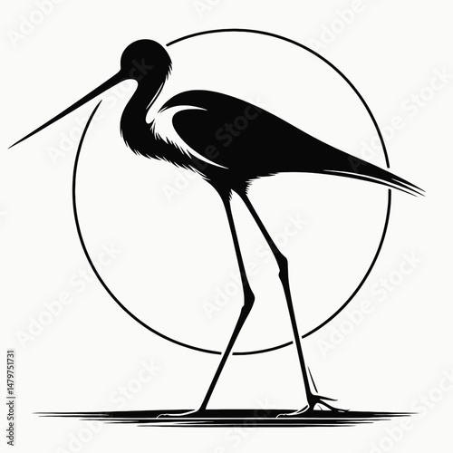 vector silhouette of a black-winged stilt with extremely long legs, standing tall, clean lines, white background 