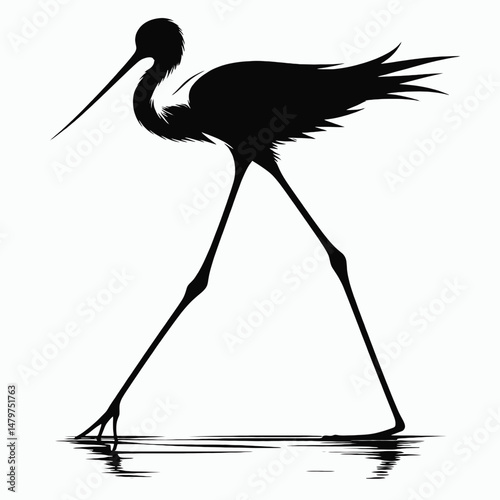 vector silhouette of a black-winged stilt with extremely long legs, standing tall, clean lines, white background 