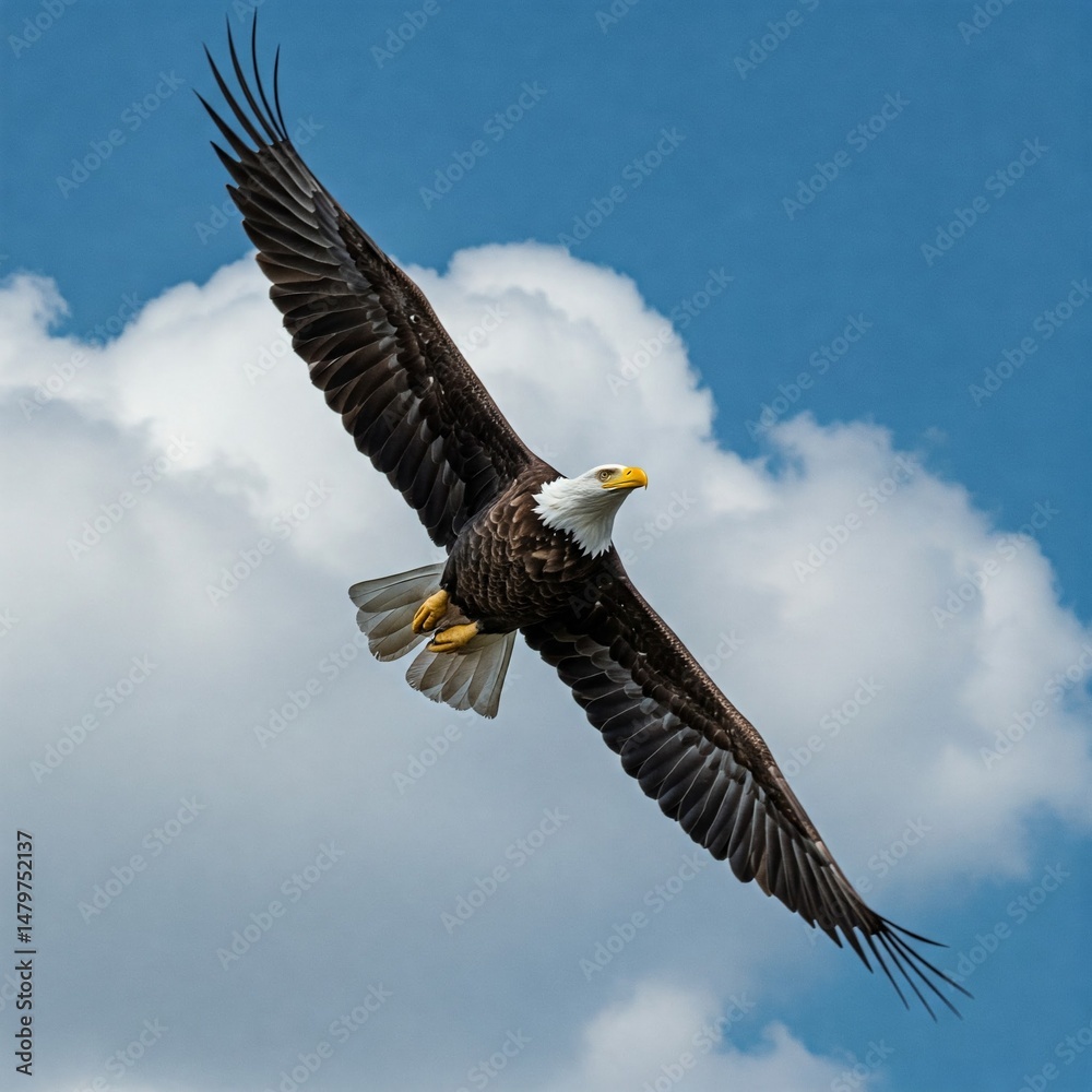 Obraz premium An eagle soars freely across the vast sky, its wings spreading wide with power, pride, and a spirit of freedom.