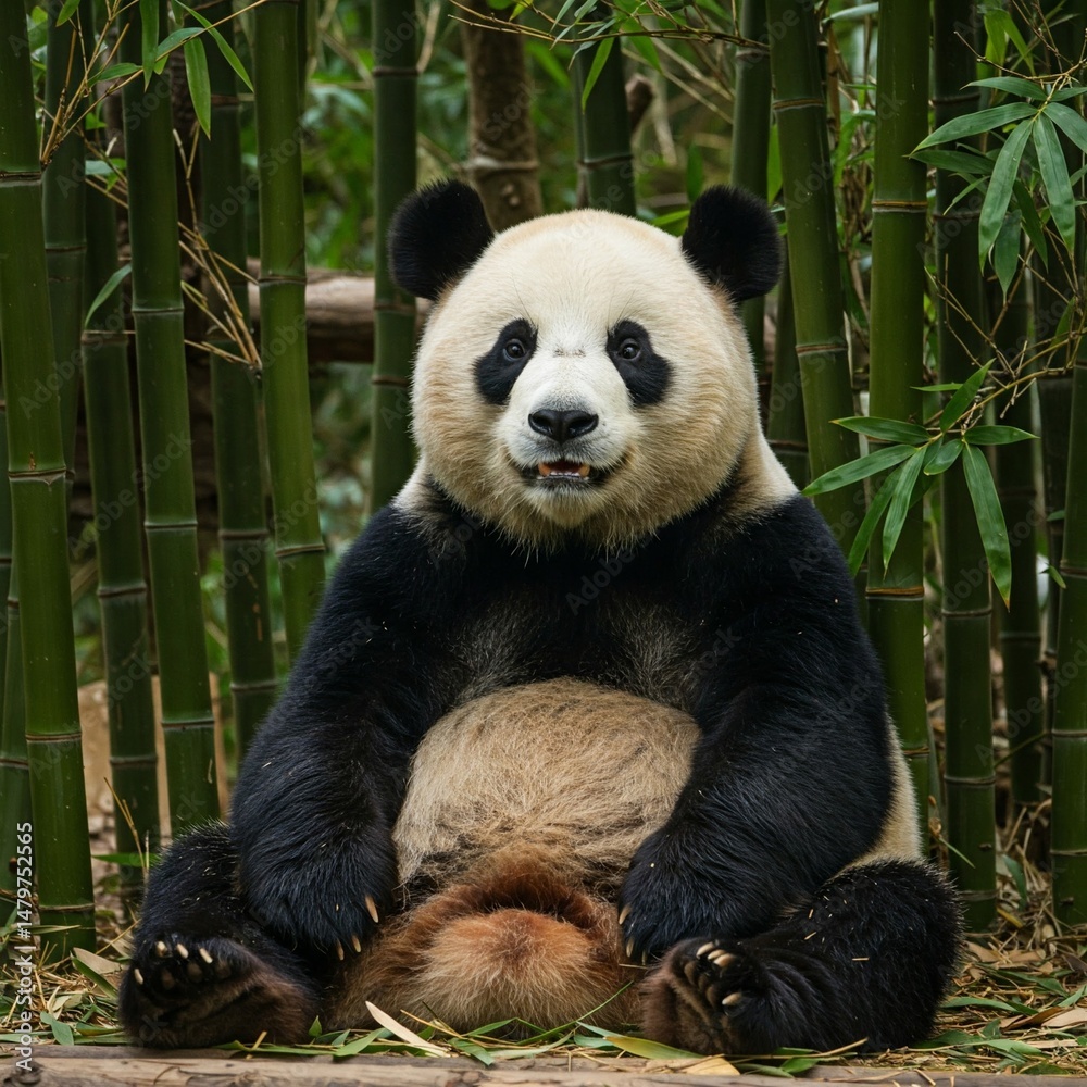 Obraz premium A panda sits beneath bamboo trees peacefully, its soft face and calm posture radiating quiet joy and innocent wonder.