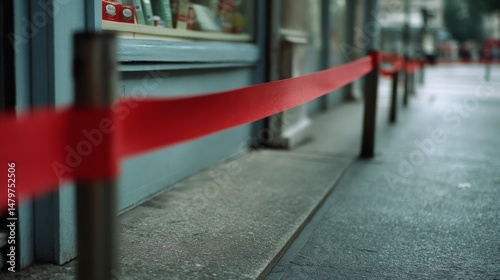 Wallpaper Mural A red tape barrier lines a city sidewalk, subtly hinting at restriction and order in an urban environment. Torontodigital.ca