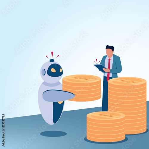 A man controls a robot to earn money. A metaphorical illustration for working with artificial intelligence, earning money from the internet and freelancing.