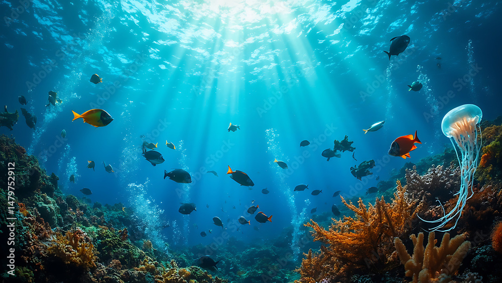 Naklejka premium Beautiful Underwater Ocean Scene with Colorful Coral and Marine Life Illustration