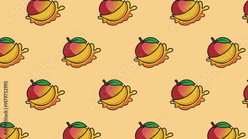 Colorful mango fruit seamless pattern and tropical splash animation on blue screen for summer packaging, textiles, video, and branding