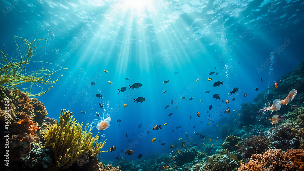 Fototapeta premium Beautiful Underwater Ocean Scene with Colorful Coral and Marine Life Illustration