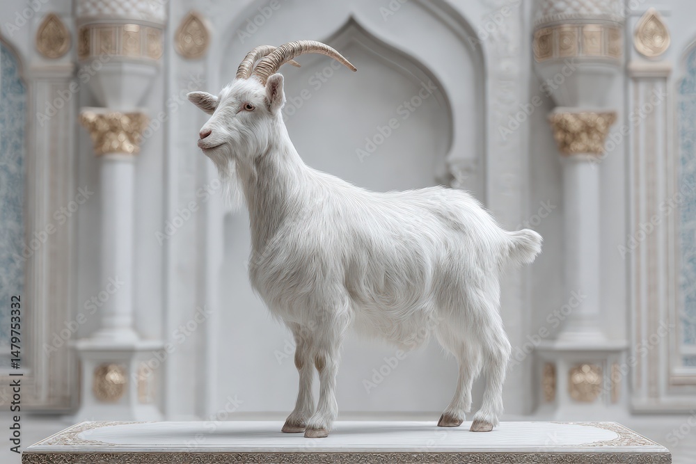 Fototapeta premium White goat positioned gracefully in a light-filled, ornate setting.