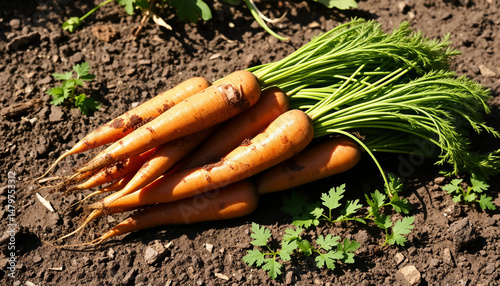 Wallpaper Mural Bunch of organic dirty carrot harvest in garden on ground in sunlight.  Torontodigital.ca