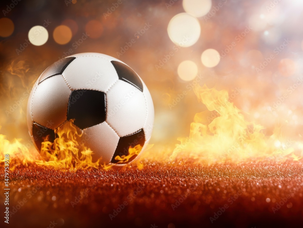 Fototapeta premium Soccer Ball on Fire Close Up Shot Burning with Intense Flames on Field Background for Sports Event
