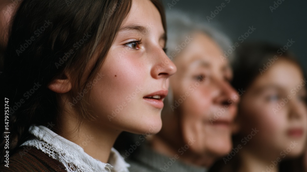 A thoughtful portrait captures a young girl, her curiosity echoed by an older woman's calm presence in a moment of shared contemplation. A thoughtful portrait captures a young girl, her curiosity echoed by an older woman's calm presence in a moment of shared contemplation.