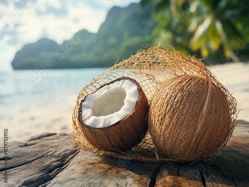 Tropical coconuts rest on a weathered beach stump. photo