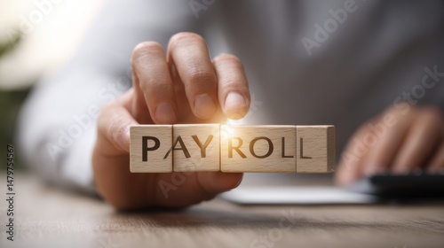 Hand placing wooden blocks with the word 'payroll' on a desk, symbolizing financial management and budgeting in the workplace