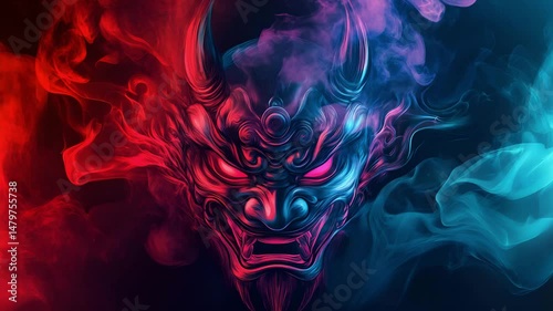Oni Mask in Red and Blue Smoke Abstract Digital Art 