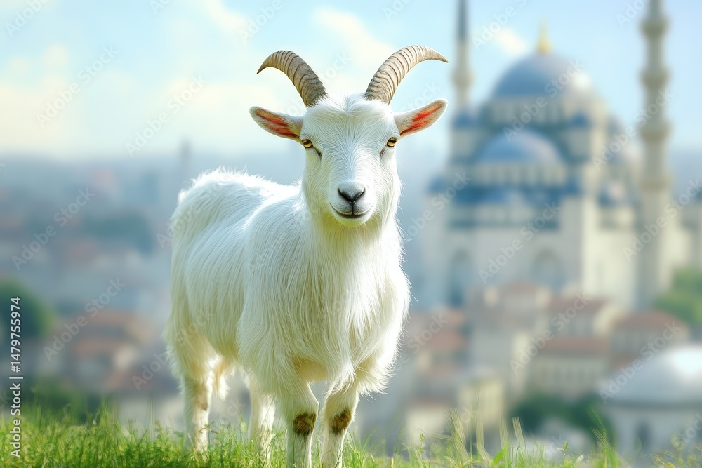 Obraz premium White goat in foreground, mosque in background.
