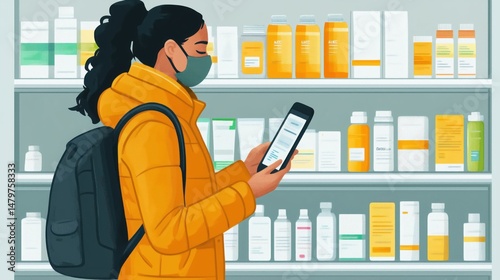 Woman in yellow jacket checking her phone while shopping for medicine in a pharmacy during winter season