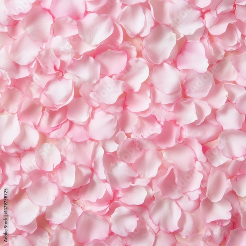 Overhead shot of many delicate pink rose petals creating a soft floral background for romantic themes or wedding designs