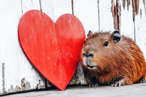 Pretty cute Capybara and red heart with copy space