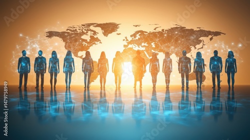 Diverse group of people silhouetted against a glowing world map representing global unity, connection, and collaboration in a digital age