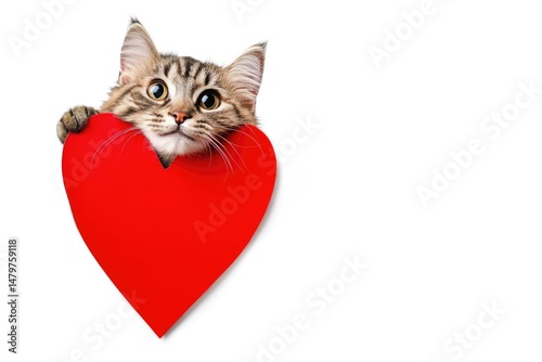 A cute pretty cat peeking out from red heart