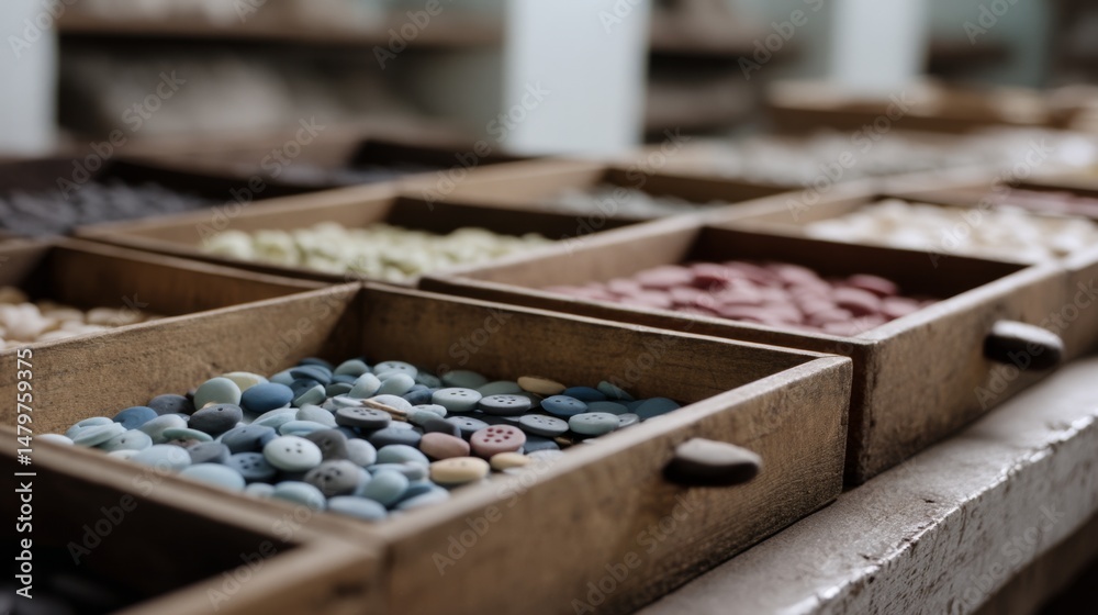 A close-up of wooden trays brimming with colorful buttons, showcasing the diversity and charm of these small sewing essentials. A close-up of wooden trays brimming with colorful buttons, showcasing the diversity and charm of these small sewing essentials.