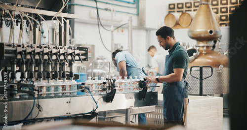 Production, people or bottling on conveyor belt in distillery for alcohol manufacturing, packaging or inpsection. Assembly line, man or quality control by machine for beverage distribution in factory