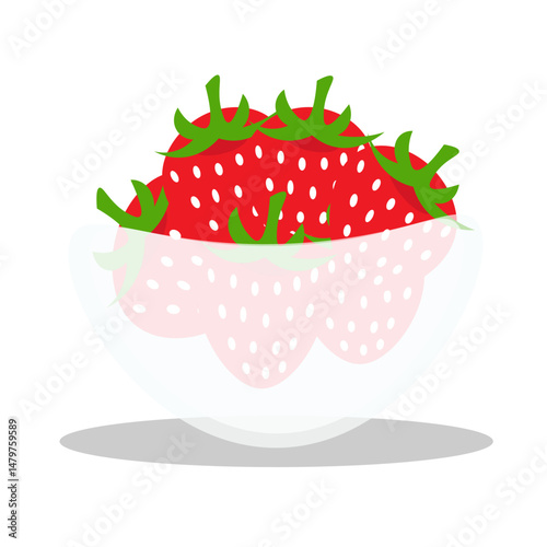 A glass bowl with fresh sweet strawberries. Fresh, organic red berries. Vector illustration