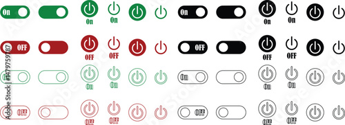 Power on or off button icon set. Turn on and turn off switch button. On and off toggle switch buttons. On and off vector with red and green color collection isolated on transparent background.
