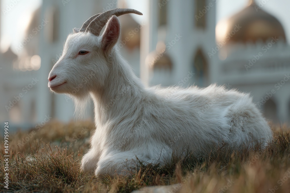 Fototapeta premium Peaceful white goat resting in grassy area, bathed in soft light.