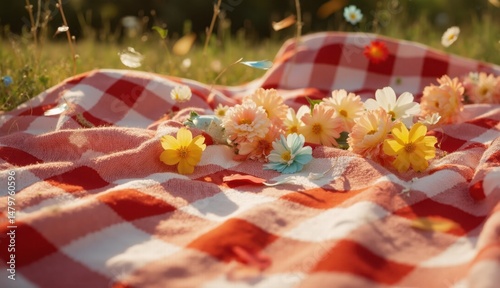 Close-up of colorful fresh flowers spread over a red and white gingham picnic blanket in a grassy field during warm daylight creating a cheerful summer vibe