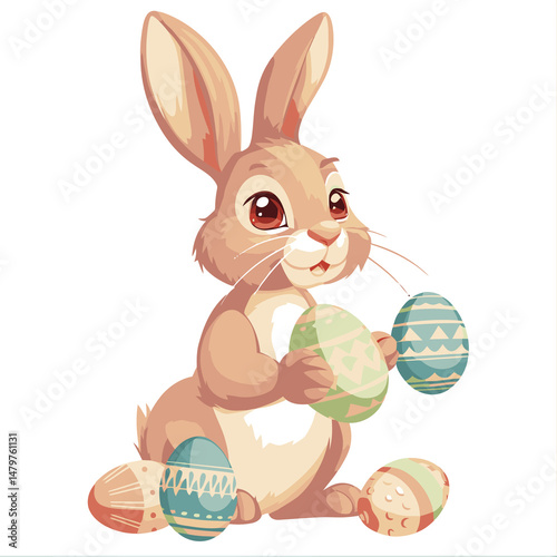 Vector cute rabbit holding easter eggs