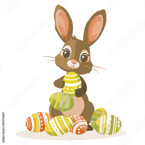 Vector cute rabbit holding easter eggs