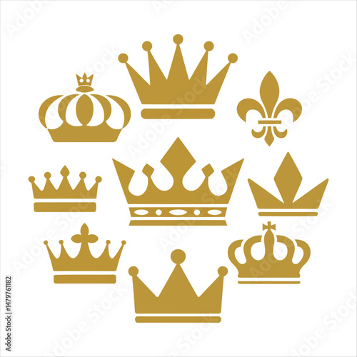 Golden Crowns Collection Regal Symbols Royalty Design Elements Graphic Assets