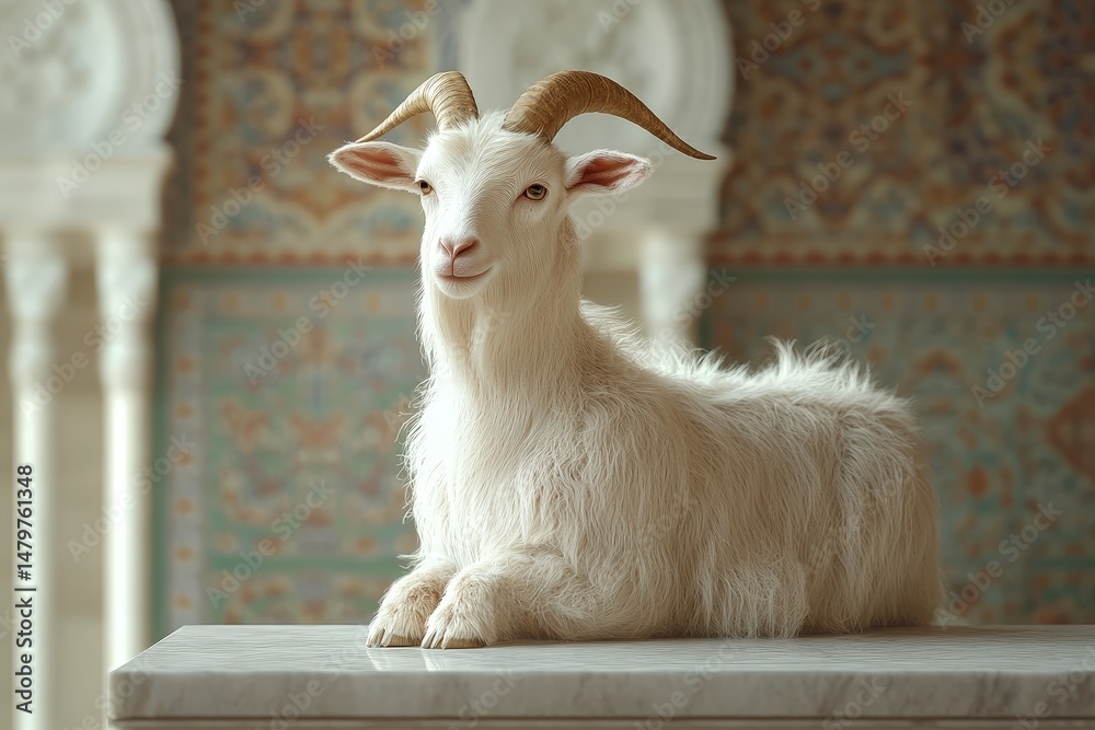 Fototapeta premium A peaceful white goat resting on a marble surface.