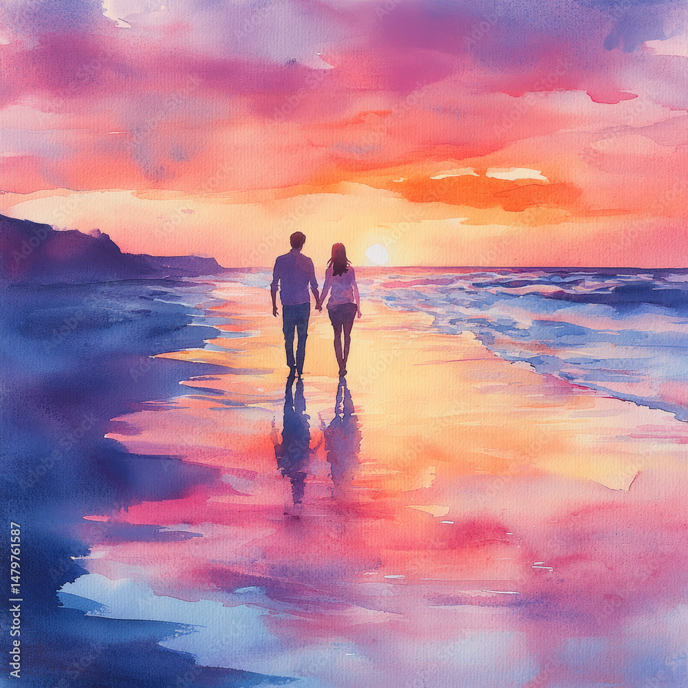 Fototapeta premium Romantic couple walking on beach at sunset in watercolor art.