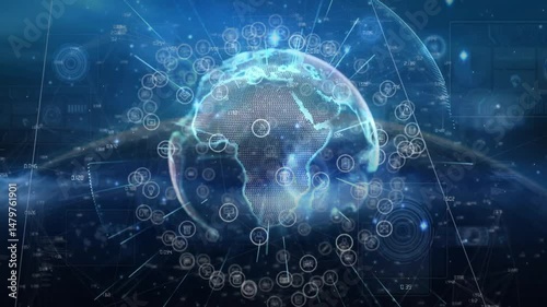 Glowing digital globe rotating in space, highlighting Africa dots, connecting icons floating around