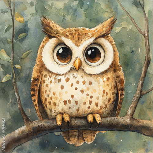 Watercolor owl with big eyes perched on a branch in a forest.
