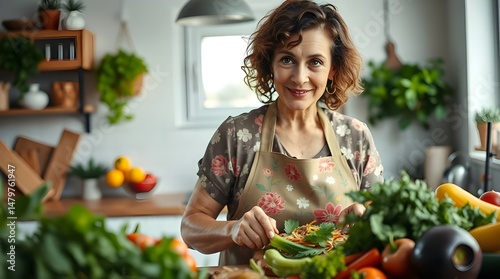  old women cooking in the kichen  smily photo