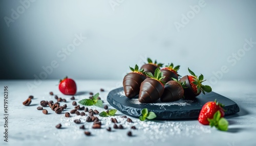 Elegant composition of chocolate-covered strawberries and mint garnish detail