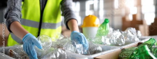 Worker sorts recyclable materials in a facility to promote sustainability and waste reduction efforts
