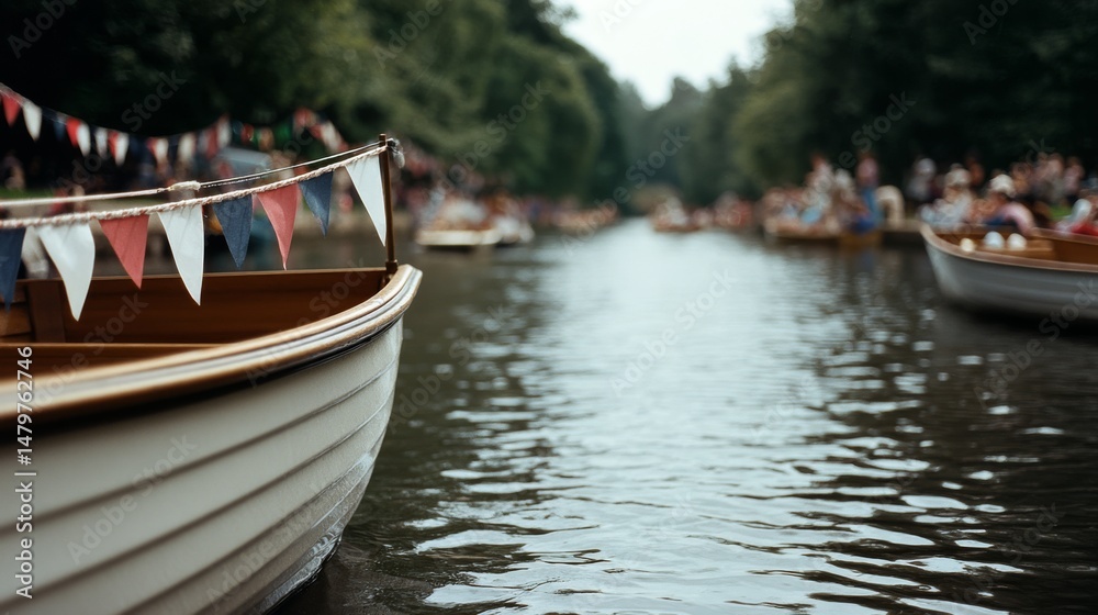 Fototapeta premium Boats adorned with colorful pennants line a busy canal, capturing the charm of a lively festival day.