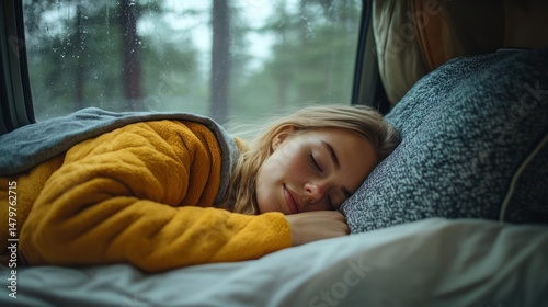 Young woman sleeping soundly in a camper van,  looking peaceful,  with rain falling outside.  Cozy, warm,  and tranquil